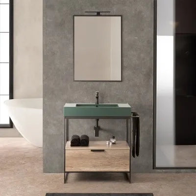 Mobile bagno a terra 75 cm nero con lavabo verde e specchio Kubic