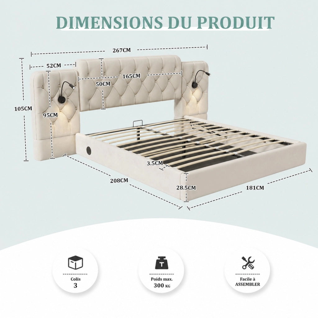 DESMIU Letto contenitore 180 × 200 cm 2 posti con testiera allungata, luci da lettura, USB e senza materasso, beige
