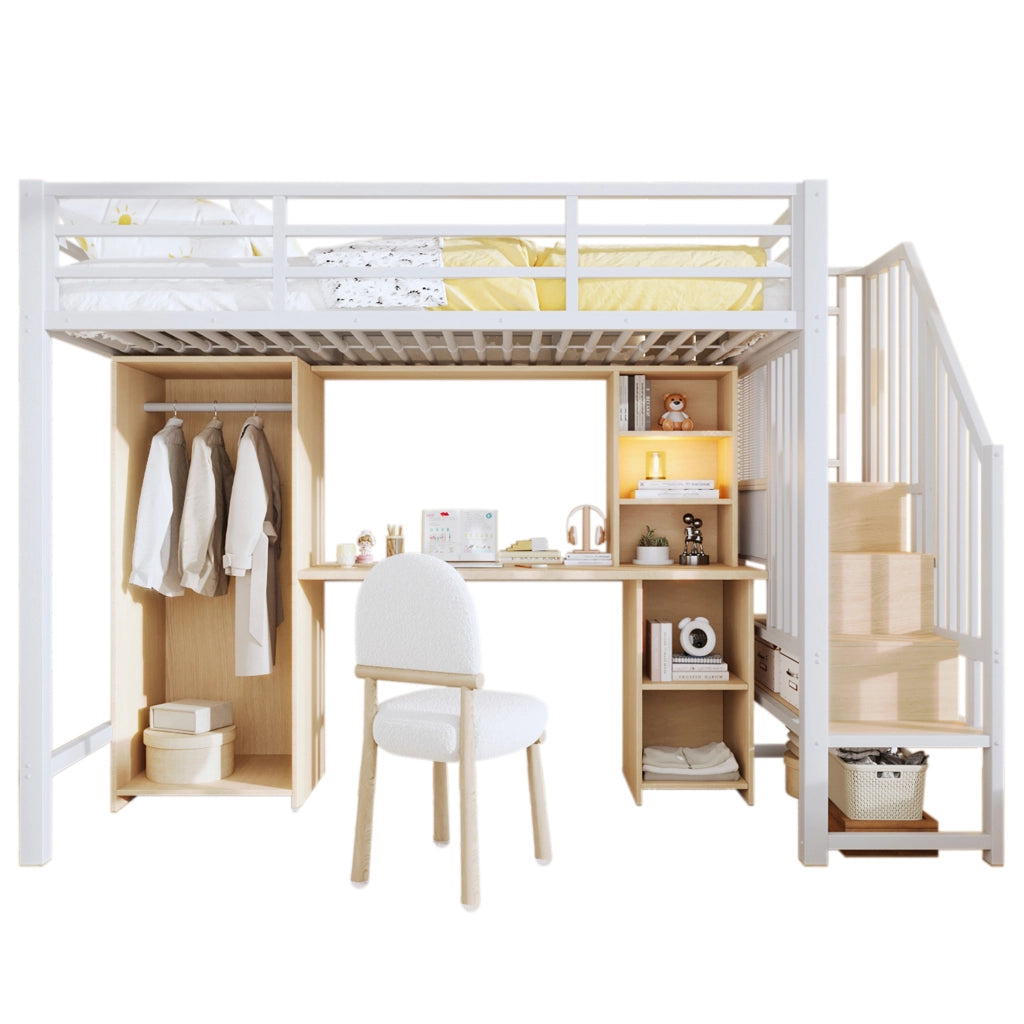 Letto a soppalco con armadio e scrivania - Zephmum- 90x200 cm, struttura in ferro, spazio di archiviazione, bianco