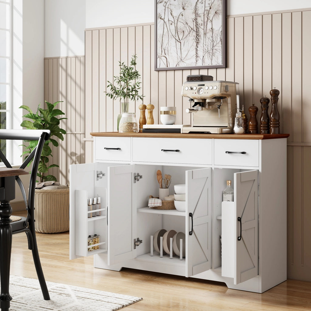 Credenza da Cucina Stile Rustico 120x38x87 cm con Ante Soft-Close 3 Cassetti 3 Ripiani Regolabili Portaspezie in MDF