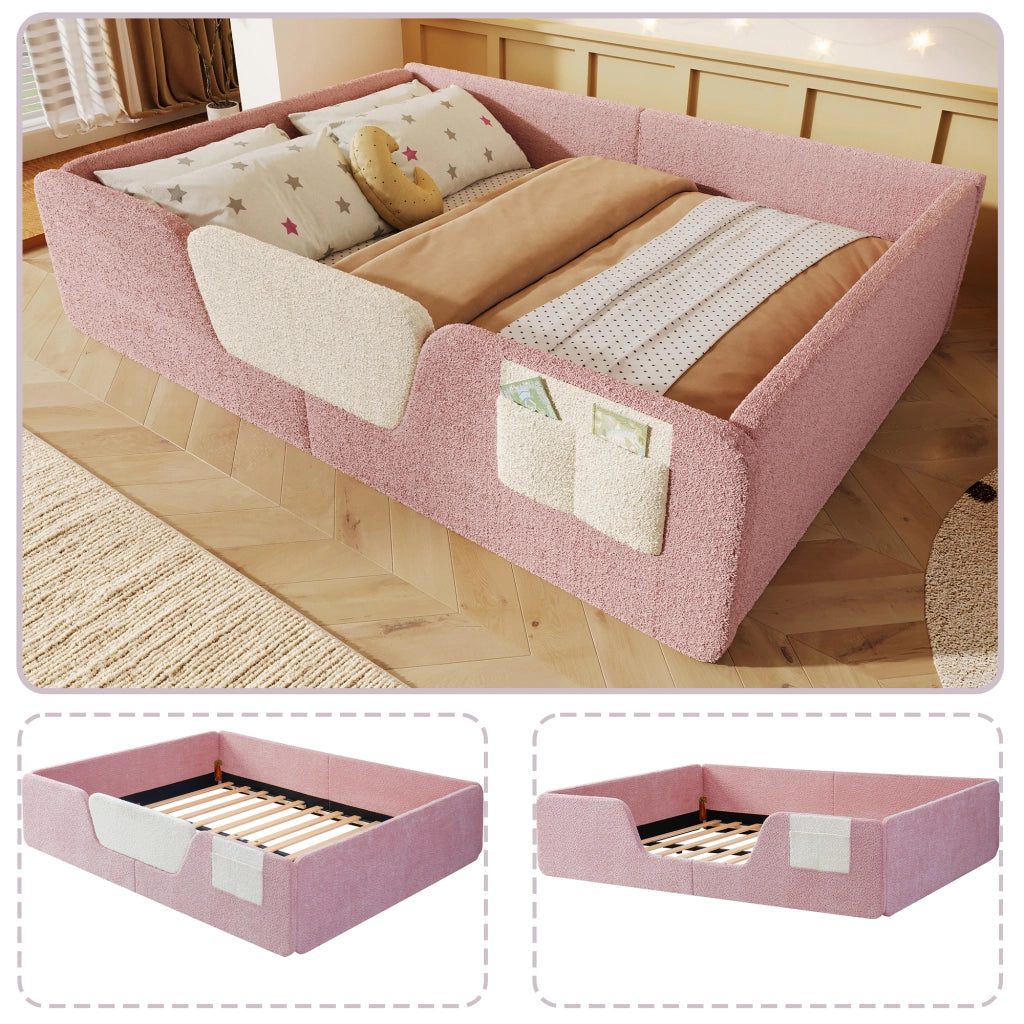 DESMIU Letto bambino 140 × 190 cm con sponde amovibili e tasca, senza materasso, in velluto, rosa