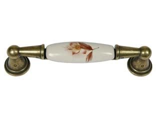 MANIGLIA PER MOBILI IN PORCELLANA MOD.M01.01 AVORIO DECORO FIORE- - mm.116x17h. - interfori mm.96 - 5 pezzi METALSTYLE