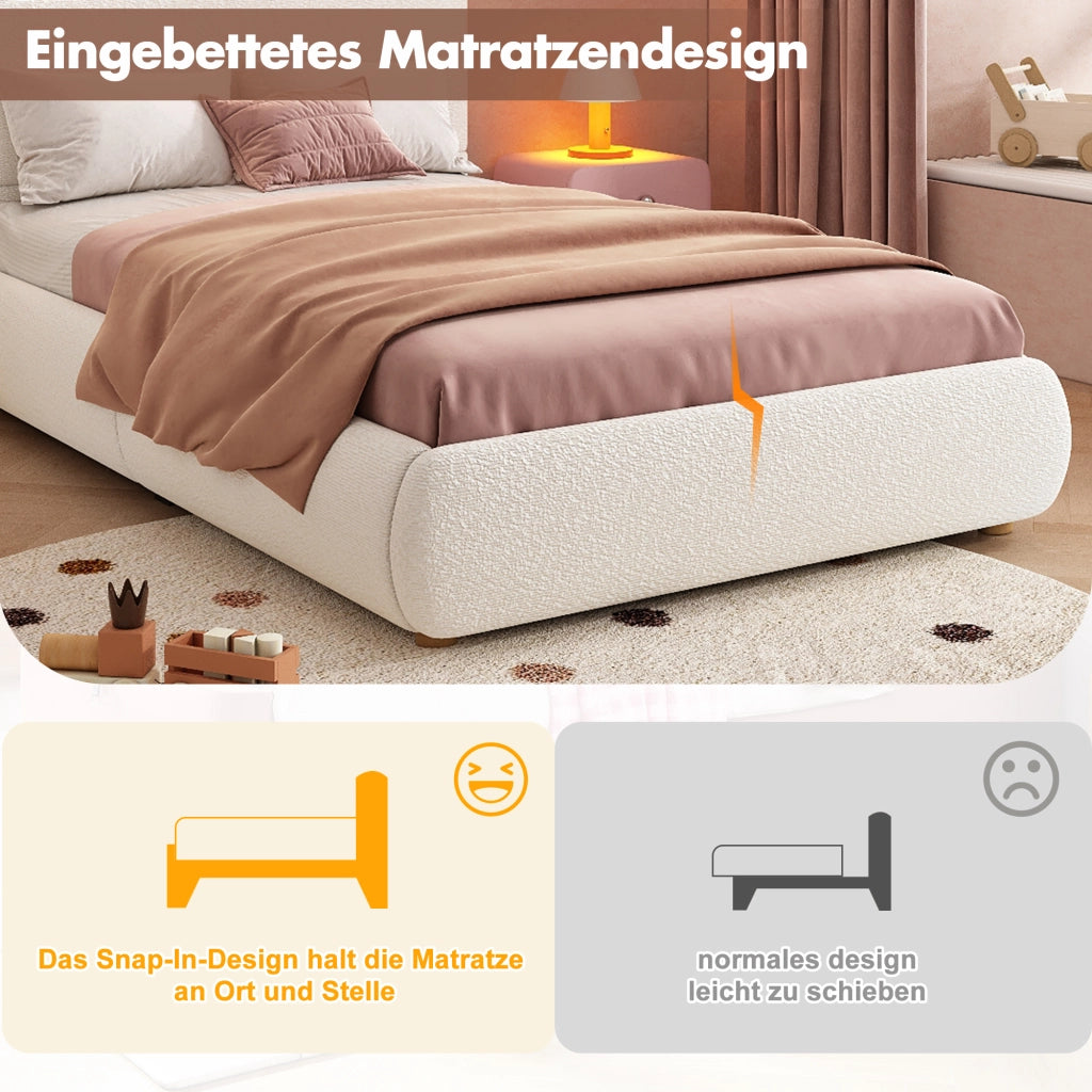 DESMIU Letto bambino 90 × 200 cm con contenitore idraulico, LED, senza materasso, in bouclé bianco
