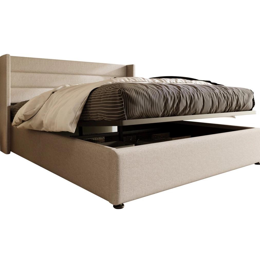 Letto contenitore 140x200 con rete sollevabile e testiera imbottita