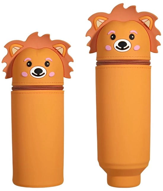 Etui 2 in 1 in silicone, 18,5 x 6,5 cm, serie animale, multifunzionale, penne e matite, contenitore per penne (Lion, E)