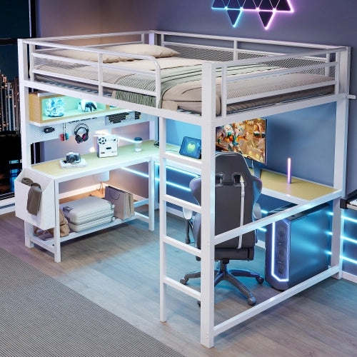 Letto a soppalco con scrivania 140x200 cm LEMONMAX, LED 7 colori, 2 prese e 2 USB, mensole, struttura in metallo, bianco