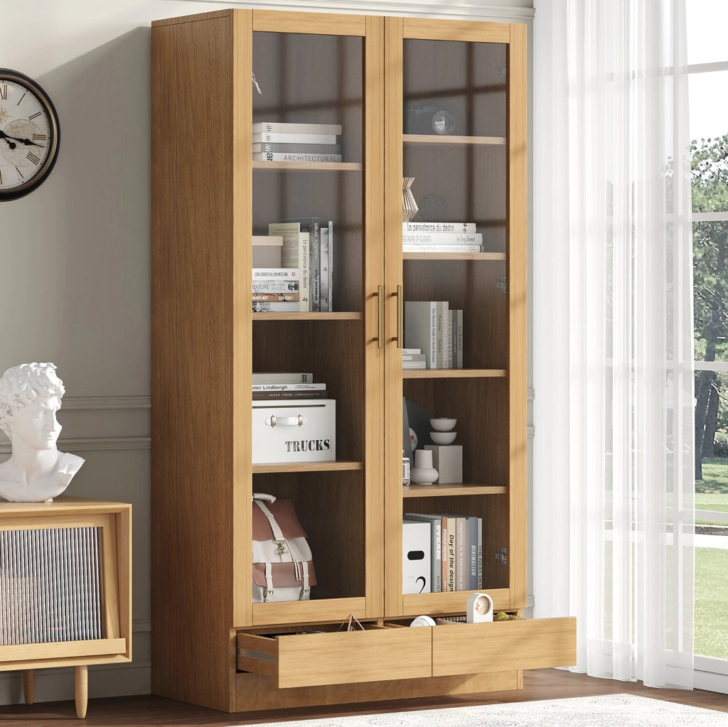 Vetrina 80x40x160 cm con ripiani sfalsati e cassetto push-to-open; naturale