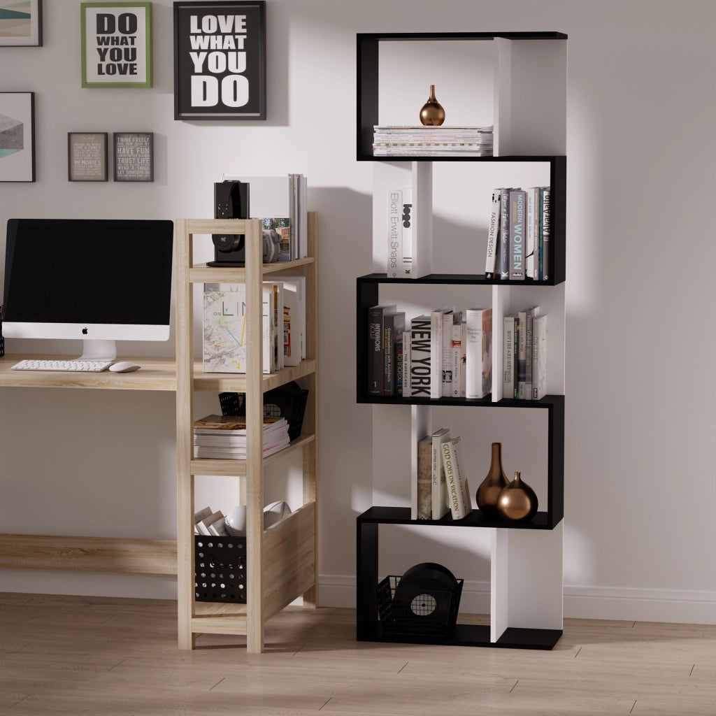 Mobile Libreria in Legno a 5 Ripiani con Divisorio. 60x24x184.5 cm. Bianco e Nero