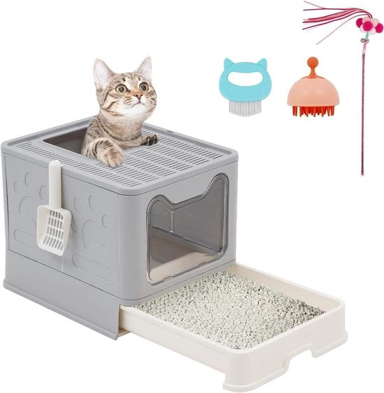 Ciotola per gatti pieghevole con coperchio e accessori per animali domestici, inclusi scoop, spazzola massaggiante, spazzola, spazzola in silicone per shampoo, giocattolo a setole - Grande capacità e facile da pulire