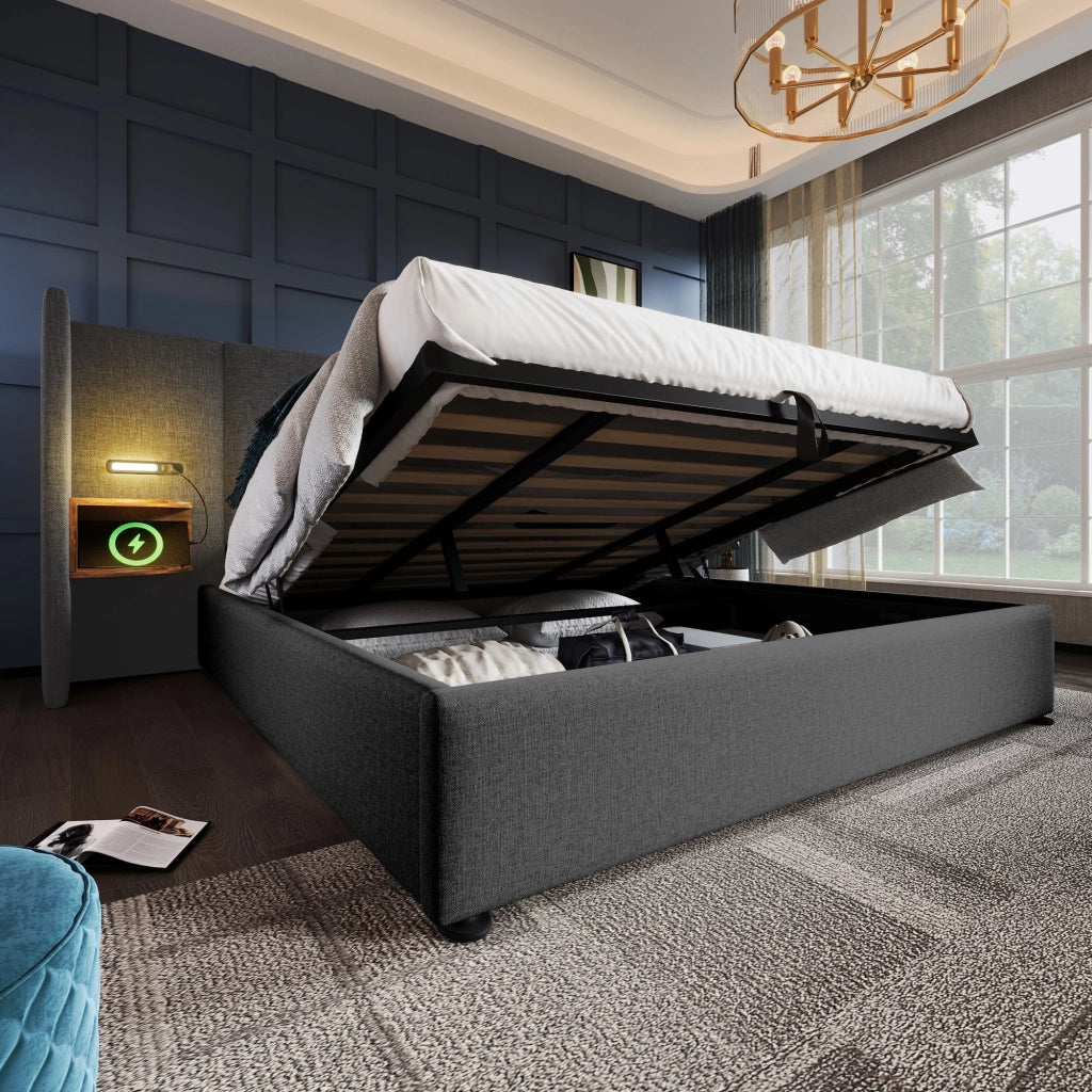 DESMIU Letto Contenitore Letto Matrimoniale 180 × 200 cm con ripiani, USB, Type-C e lampada da lettura, senza materasso