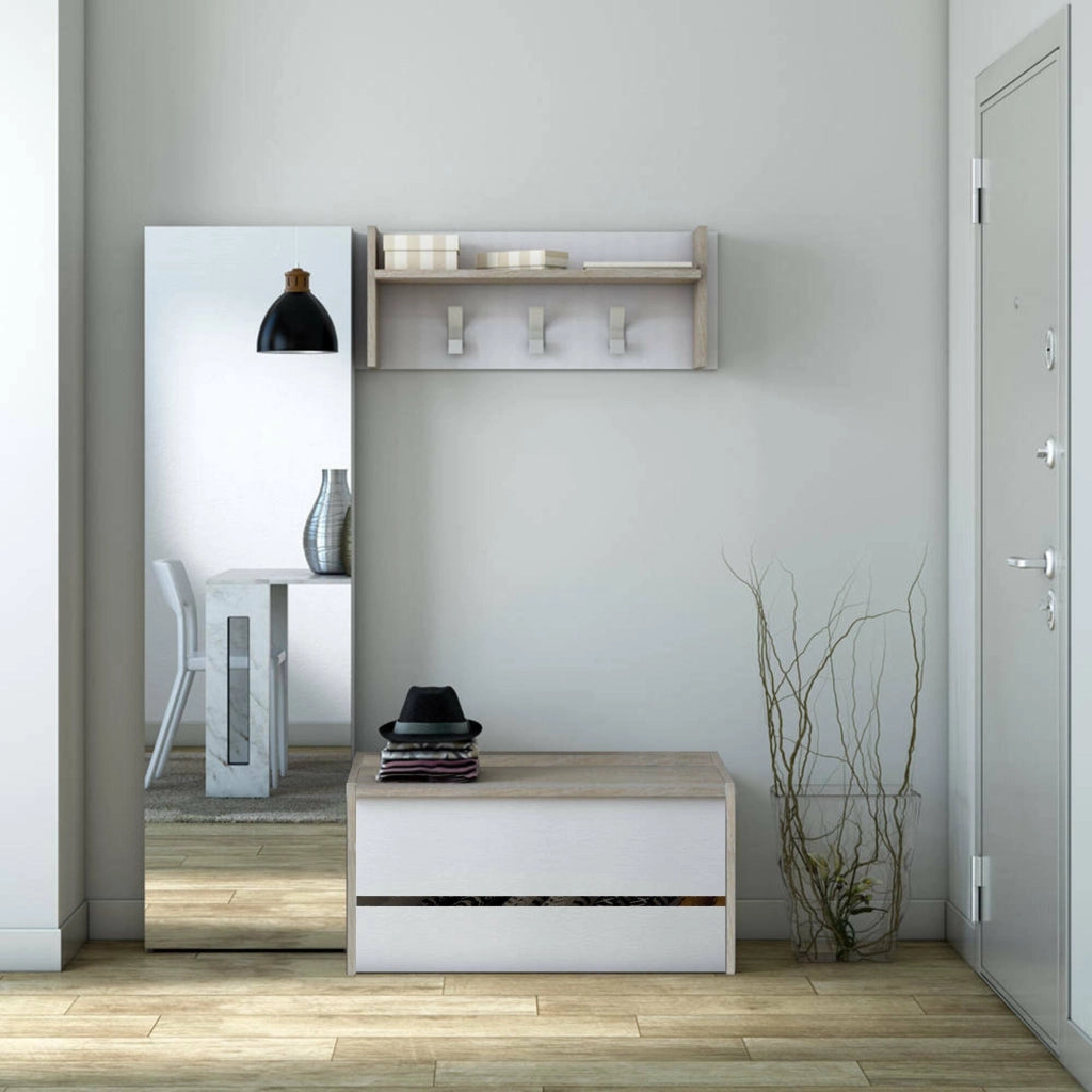 Mobile da ingresso Actinolite, Entratina moderna con appendiabiti, Mobile con scarpiera, Armadietto multifunzione, Cm 50x32h182, Rovere e Bianco