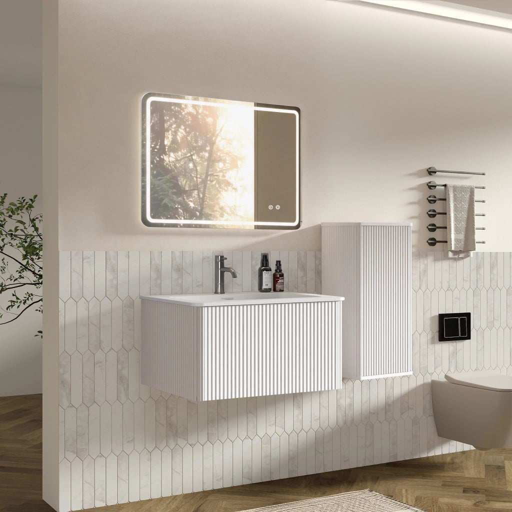 Set mobili da bagno con lavabo e specchio LED, mobile sospeso bianco in MDF