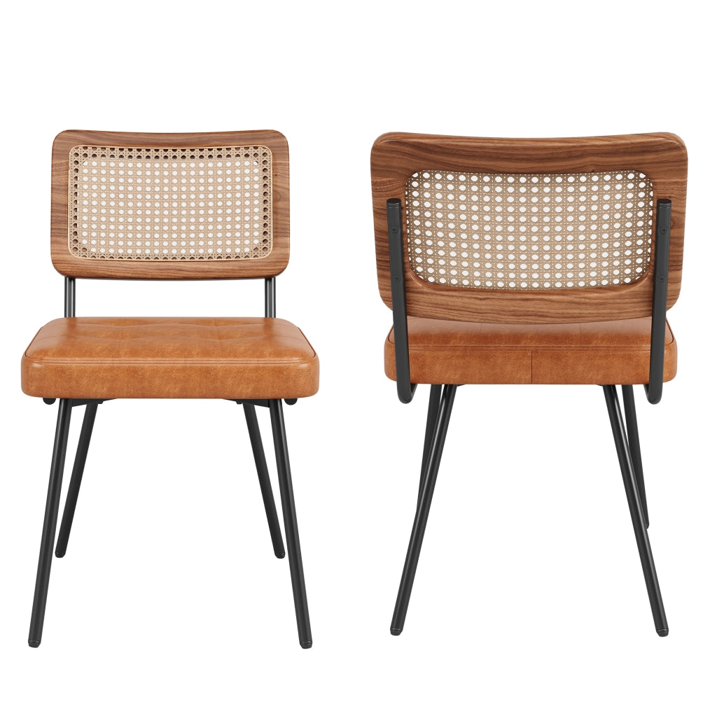 Sedia da pranzo ergonomica con schienale in rattan PE e piedini regolabili in similpelle marrone