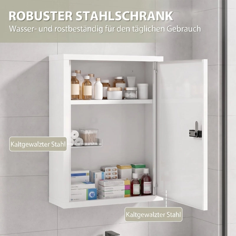 Armadietto a muro per medicinali, mobiletto da bagno con serratura a combinazione, anta e vani portaoggetti, bianco