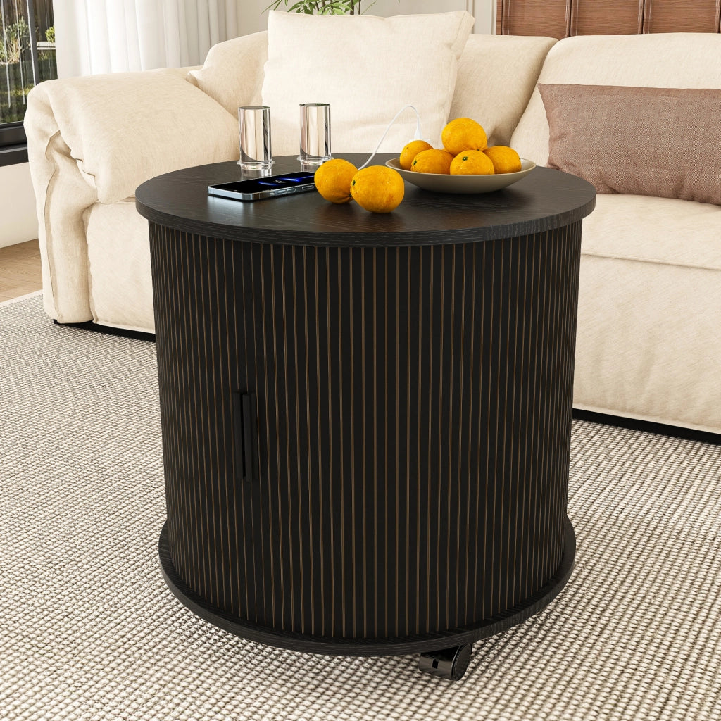 Tavolino da notte rotondo stile Mid-Century con stazione di ricarica; 60 cm; nero