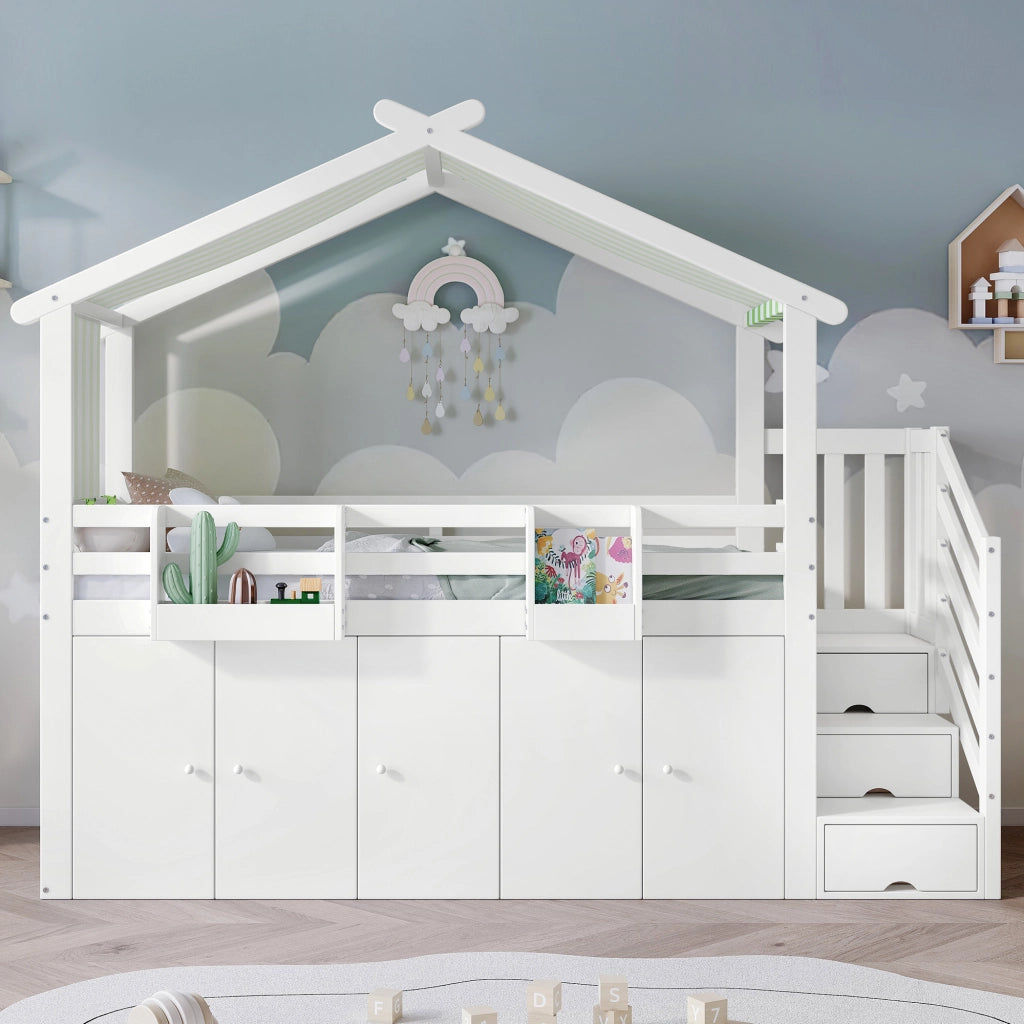 LETTO A CASTELLO 90x200 cm con scala contenitore, armadio, bianco e verde