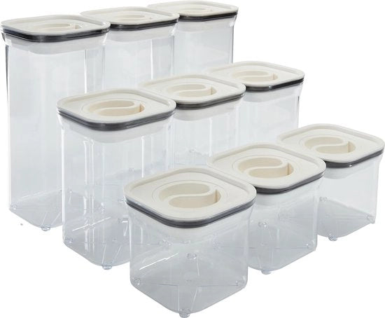 Set di contenitori in vetro con coperchio, a tenuta di aria, composto da 9 pezzi con piccolo (0,7 l), medio (1,1 l) e grande (1,5 l), contenitori per la conservazione del farina, del muesli e dello zucchero, materiale BPA-free.