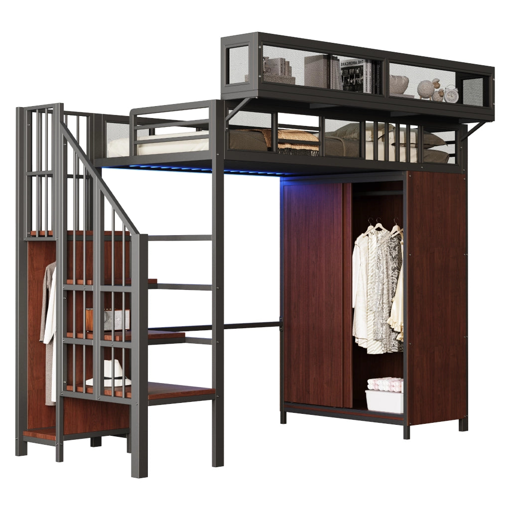 LETTO a soppalco 90x200 cm nero in metallo e legno con armadio e LED