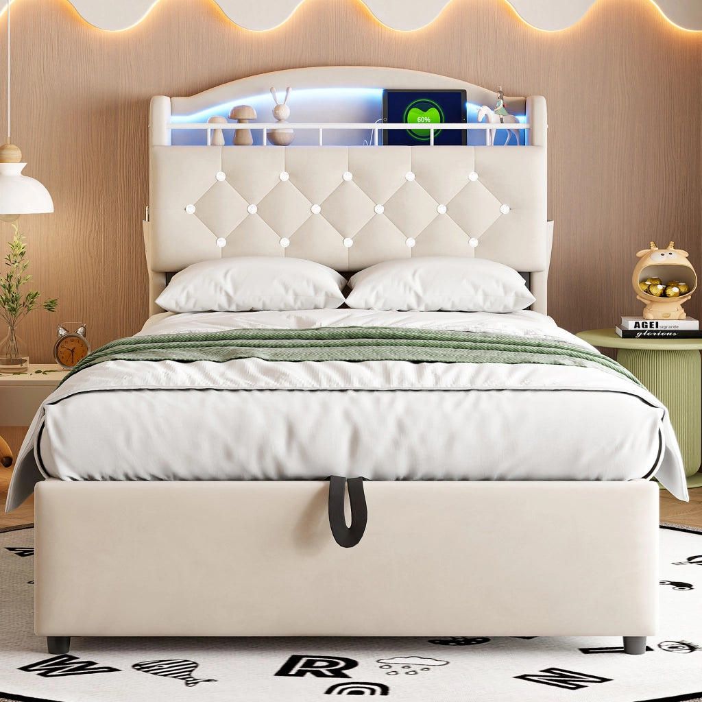LETTO imbottito 90x200 cm in velluto beige con contenitore, LED e USB