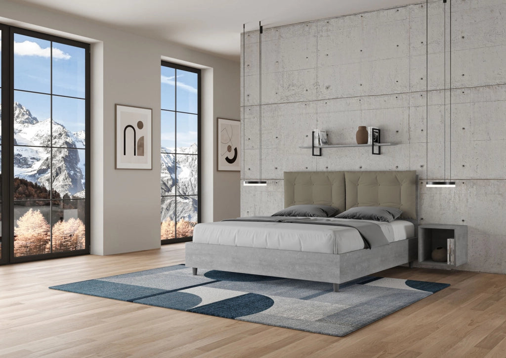 BS COM Letto matrimoniale senza rete 160x200 cemento cuscini similpelle cappuccino