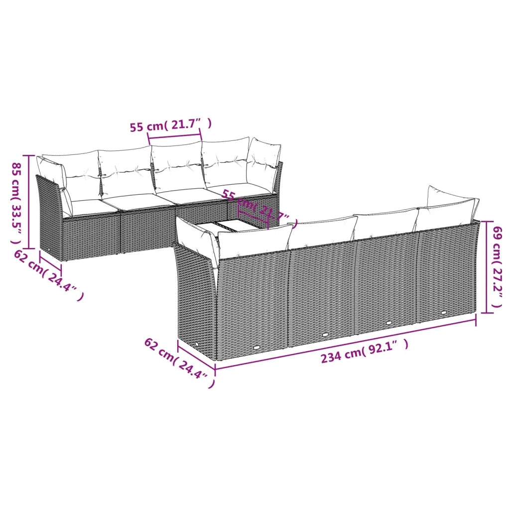 Set Divano da Giardino 9 pz con Cuscini Beige in Polyrattan