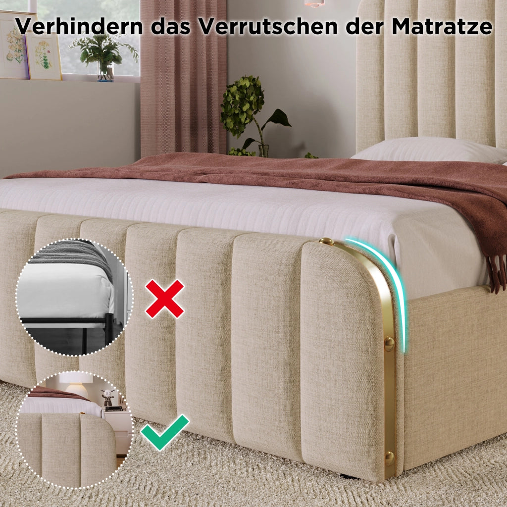 letto imbottito lino beige 90 x 200 cm