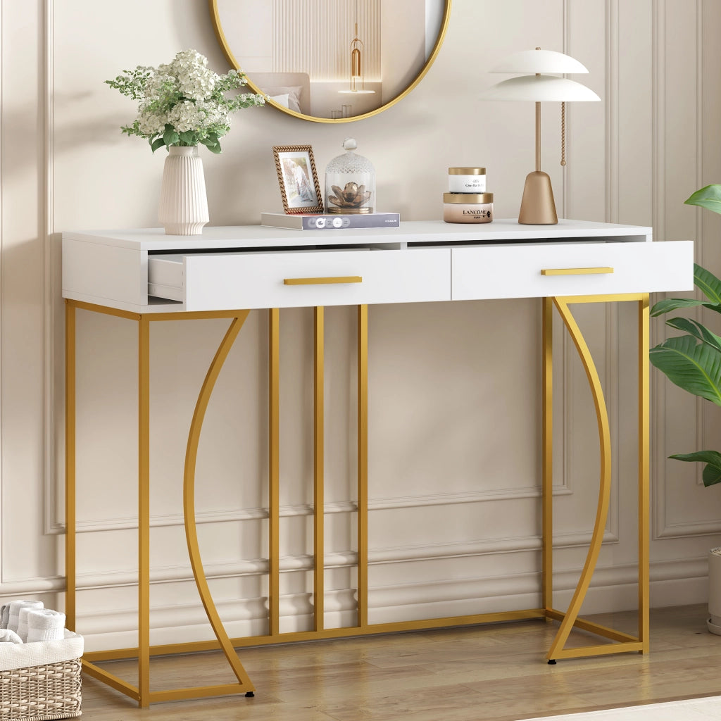Consolle, tavolino da ingresso con 2 cassetti, tavolino laterale leggero ed elegante, tavolino da divano, 110x32x85 cm, bianco/oro