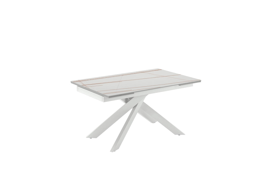 Tavolo Allungabile Ares con Piano in Sintered Stone Effetto Marmo Sahara Bianco e Gambe in Metallo Verniciato Bianco - 140/200cm