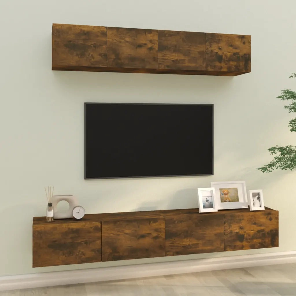 Set di Mobili Porta TV 4 pz Rovere Fumo in Legno Multistrato 3114539