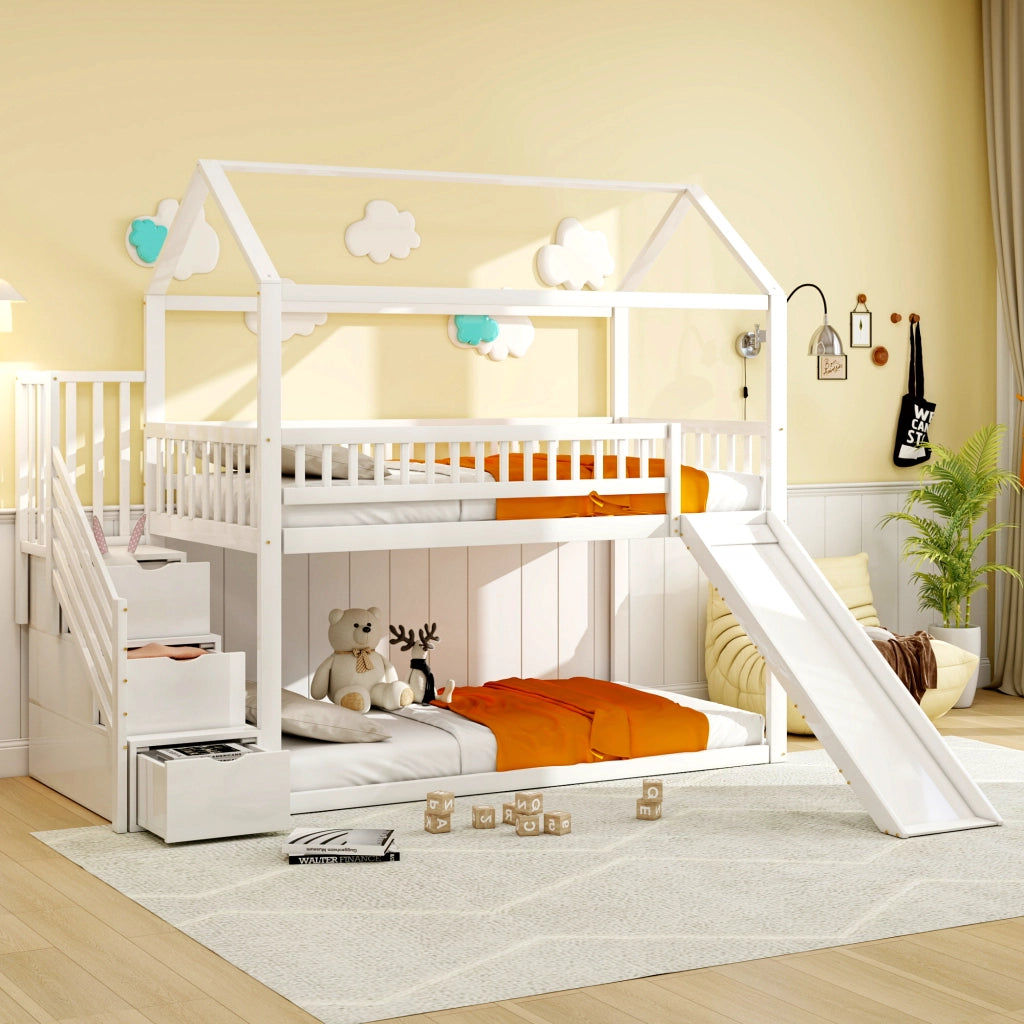 Letto a soppalco 90×200 cm; letto singolo con scivolo e scala contenitore; sponde alte; senza materasso; legno