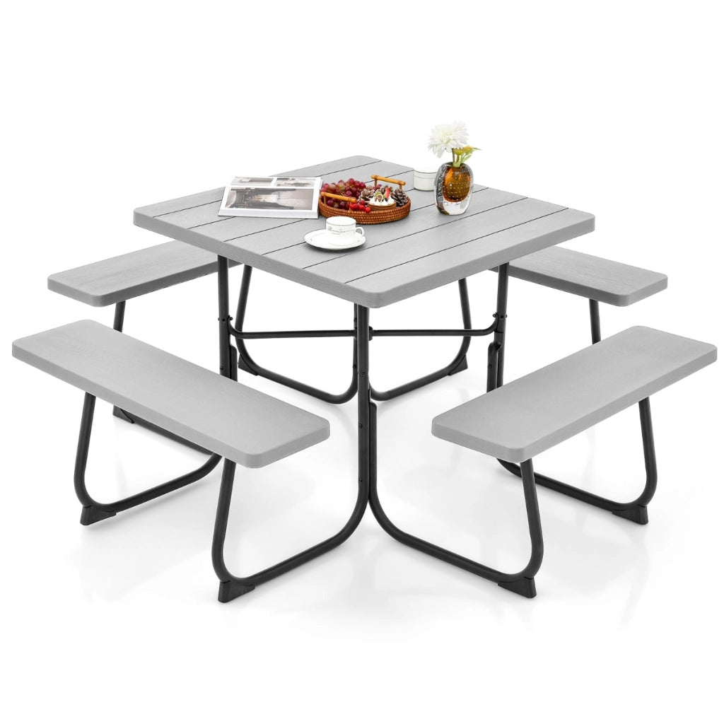 Set tavolo da picnic quadrato per 8 persone, Tavolo per esterni con foro per ombrellone capacit¨¤ di 225kg Grigio-Tavoli e sedie da campeggio