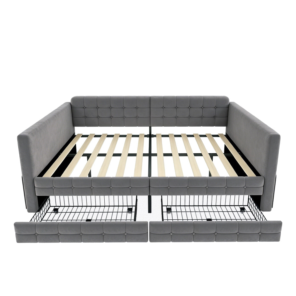 LETTO imbottito 140x190 cm grigio con cassetti e tasche laterali