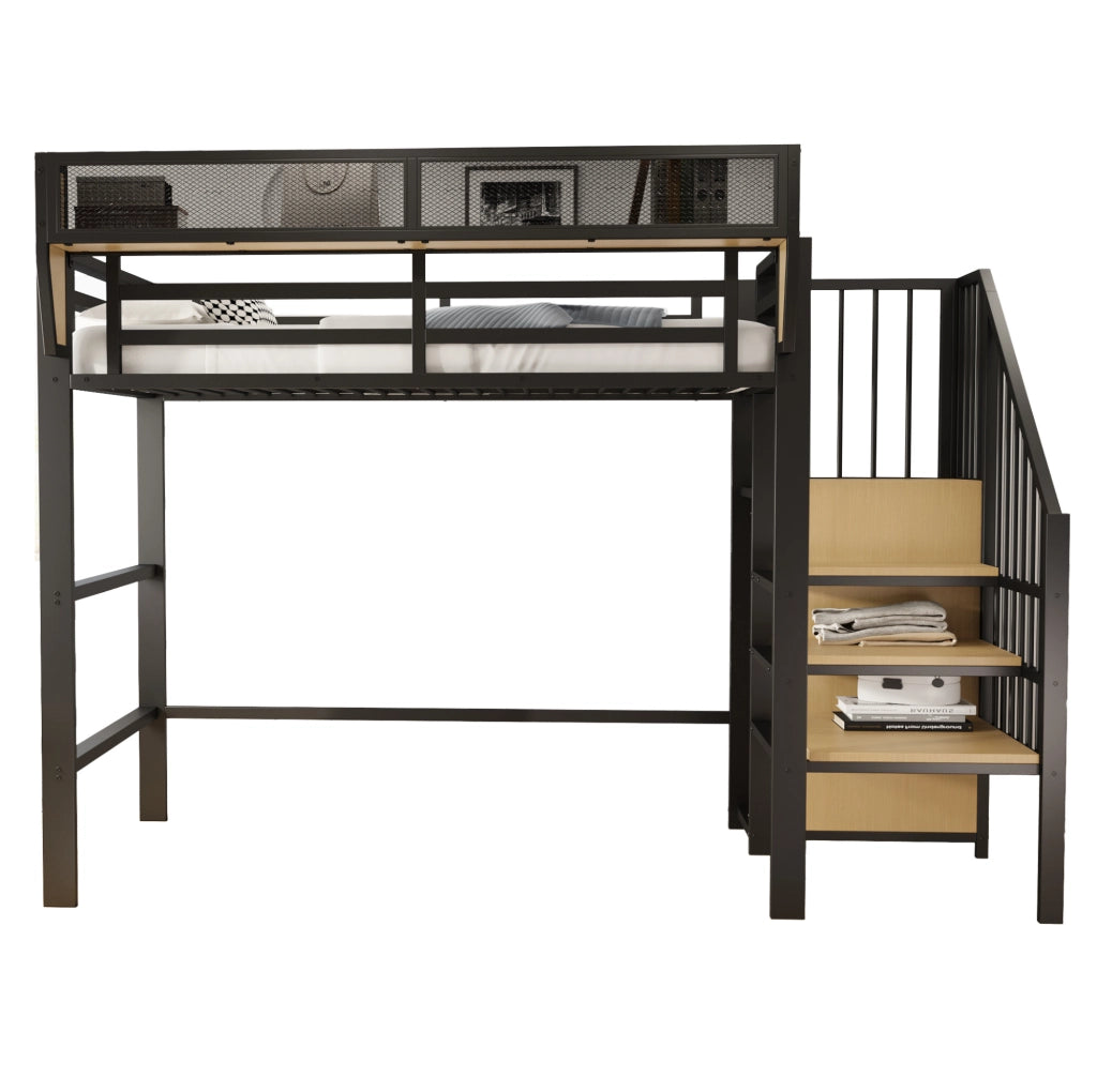 Letto a soppalco 90x200 in metallo con scala di sicurezza e ripiano flessibile, nero