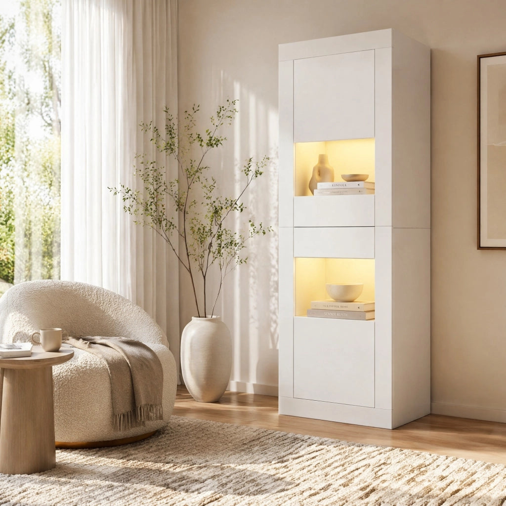 Vetrina con 2 ante e 4 vani con ripiani regolabili in vetro e LED per soggiorno o sala da pranzo 61×42×162 cm