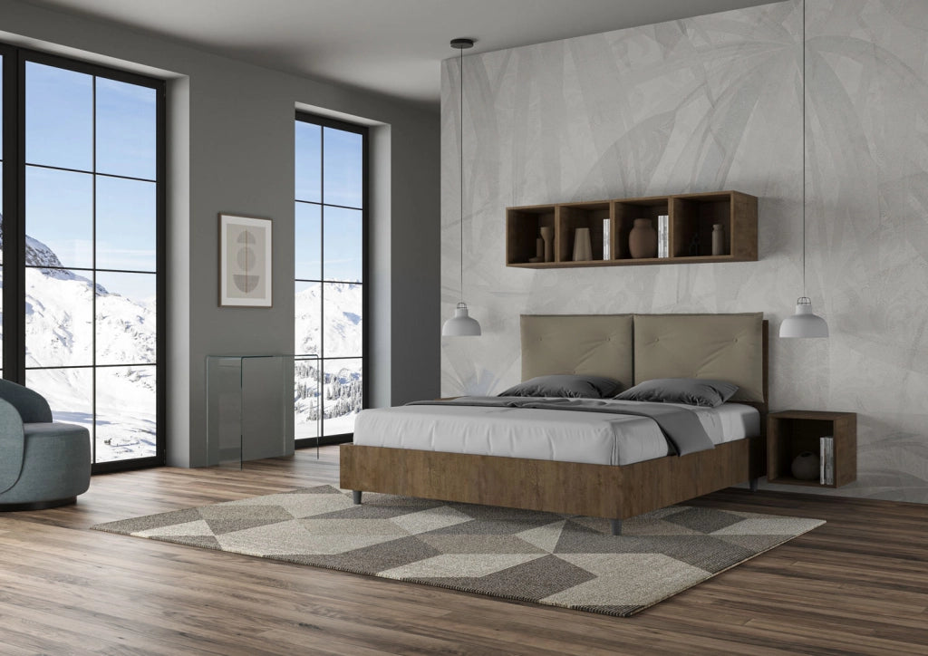 BS COM Letto matrimoniale contenitore doppia alzata 160x200 Noce cuscini similpelle cappuccino