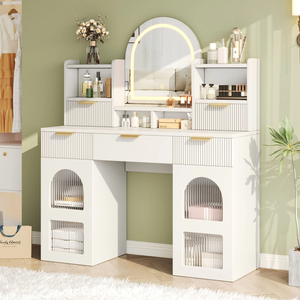 TOLETTA con Specchio LED 120x40x139,5 cm Bianco con 3 Cassetti e 2 Ante in Vetro