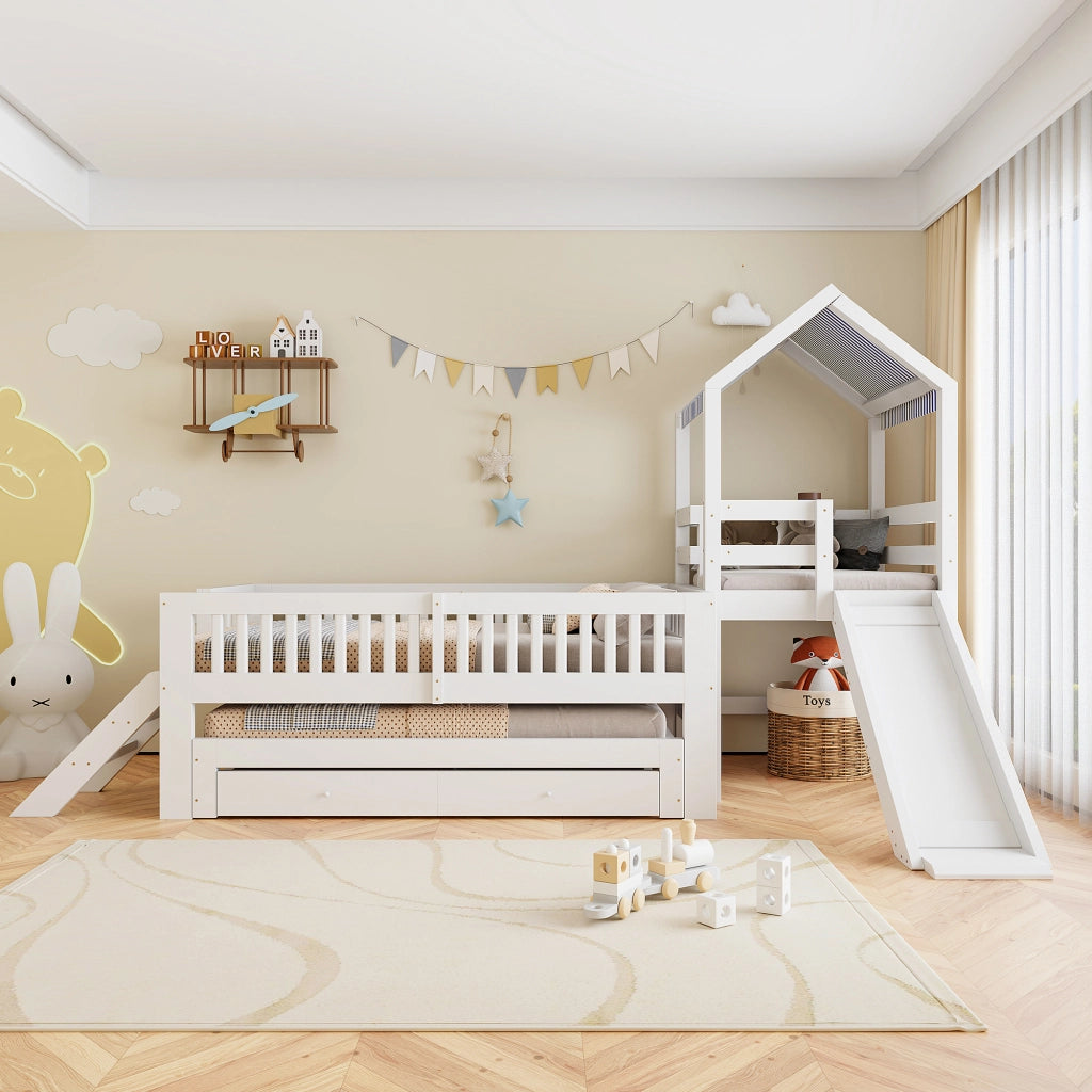 Letto bambino 90×200 cm e 90×190 cm con scivolo; scala; cassetti e letto estraibile; senza materasso; bianco