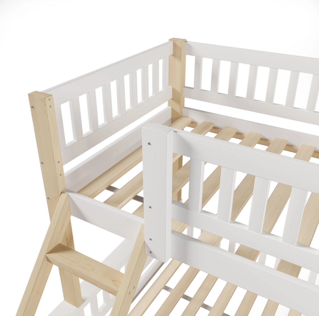 Letto a castello in legno 90x200 cm + 140x200 cm con scala e sponde
