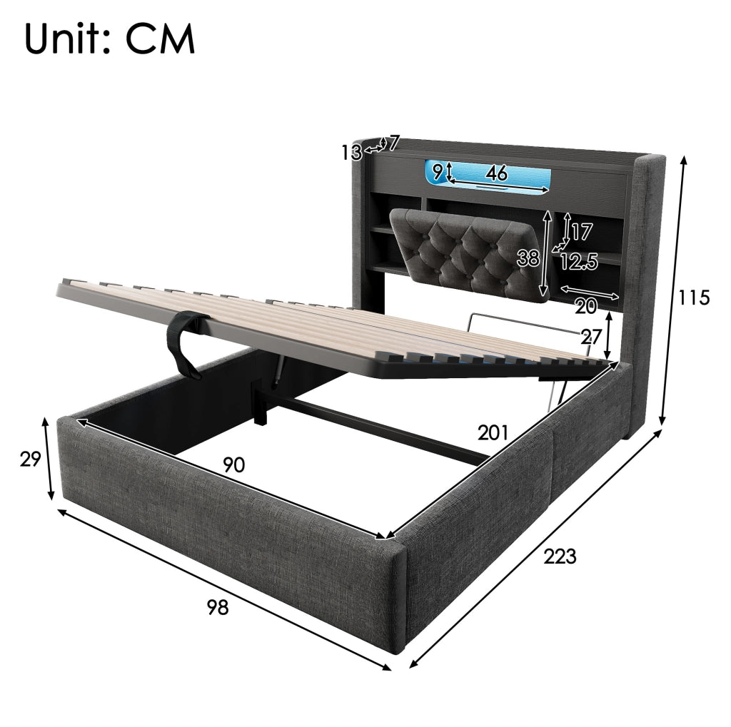 Letto contenitore 90x200 cm con LED, USB e testiera con ripiani