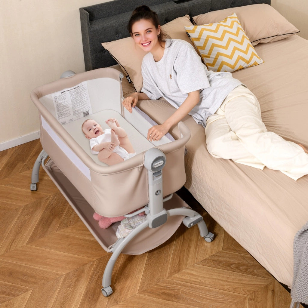 Lettino affiancato con regolazione in altezza a 7 livelli per neonati, Culla co-sleeper per bambini cesto portaoggetti Beige-Culle