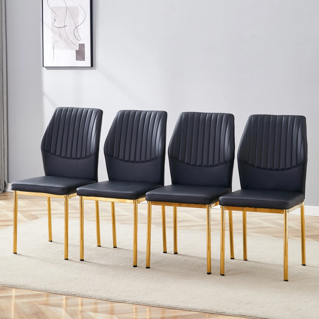 [Set di 4] Eleganti sedie da pranzo in stile lusso discreto: schienale in PU nero con goffratura verticale + gambe in metallo dorato, adatte a sale da