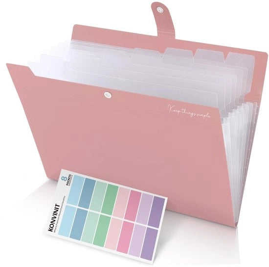 Organizzatore di documenti A4 con 8 compartimenti, sistema di mappatura per la gestione del lavoro cartaceo con etichette a colori, sistema di mappe per materiali scolastici, rosso