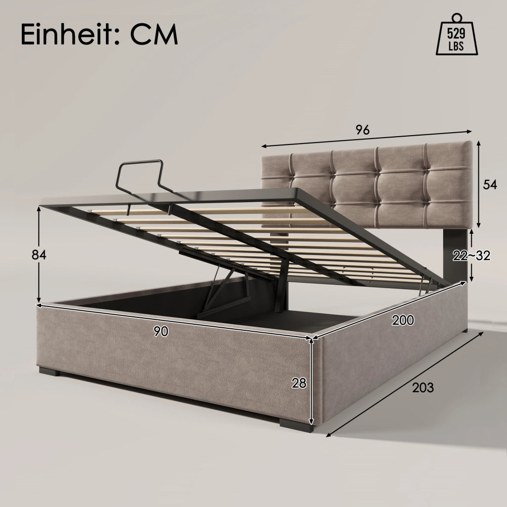 letto imbottito velluto grigio chiaro 90 x 200 cm