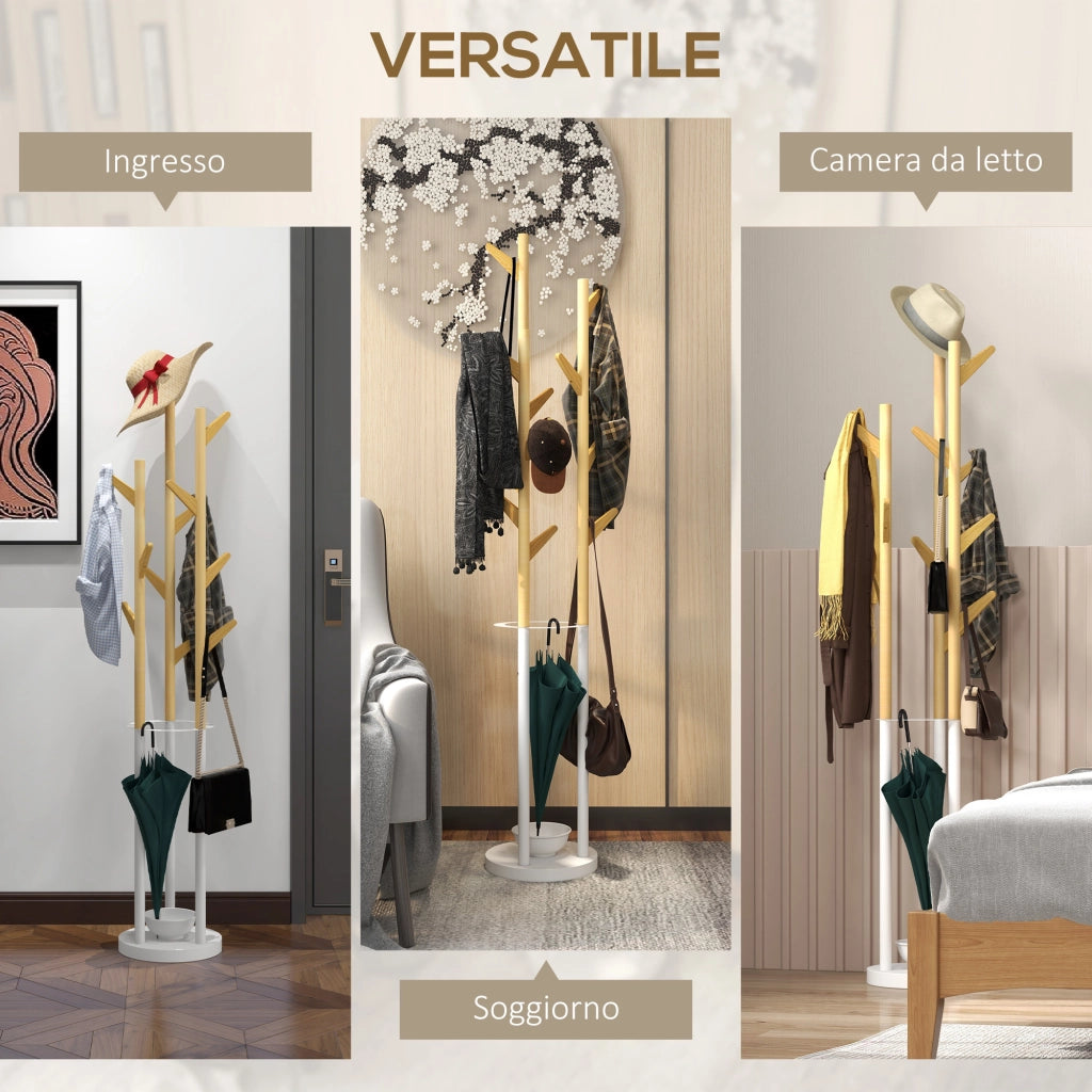 Appendiabiti da terra con portaombrelli e 12 ganci ¨C zephmum ¨C metallo bianco e bamb¨´ 90x30x180 cm