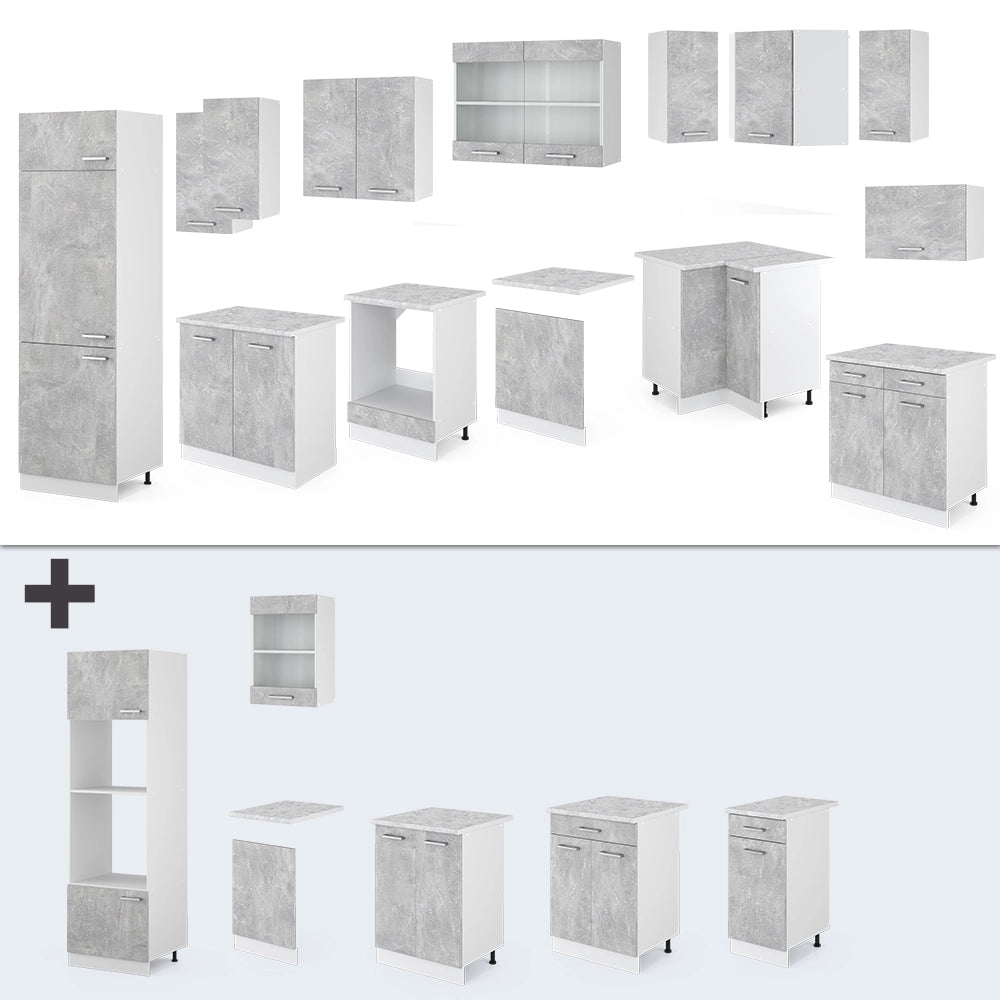 Cucina angolare completa R-Line Calcestruzzo/Bianco 287 x 227 cm, PL Rovere Vicco