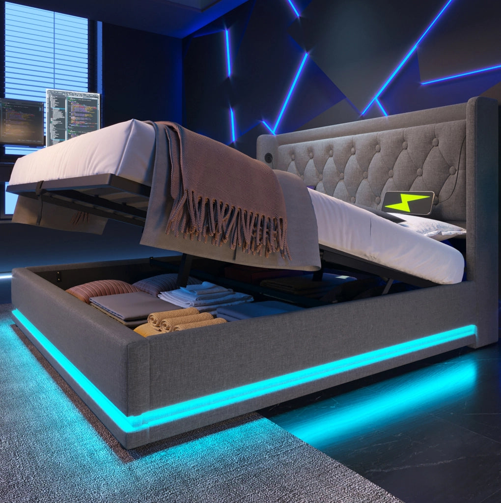 Letto imbottito 140x200 cm con materasso, contenitore, USB Type-C e LED