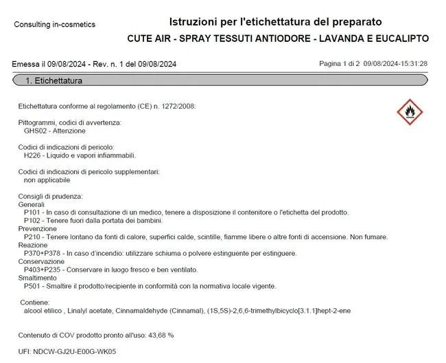 SPRAY TESSUTI  INDUMENTI LAVANDA E EUCALIPTO  250 ML CUTAIR
