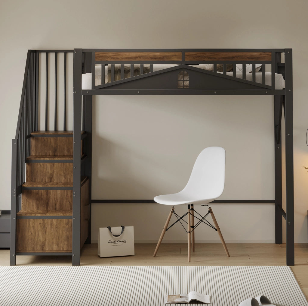 Letto a soppalco in metallo 90 x 200 cm con scala e spazio contenitivo