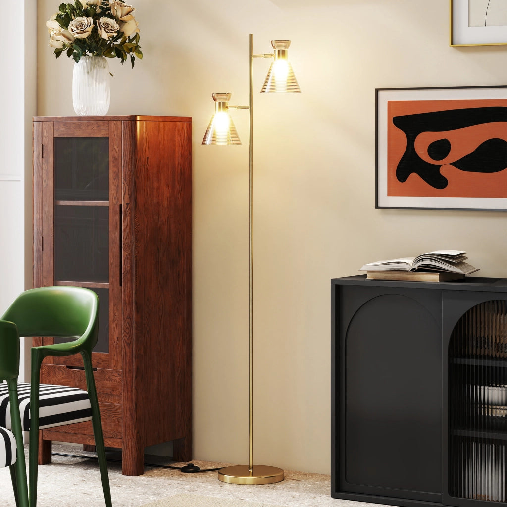 Lampada da Terra Moderna a 2 Luci con Teste Regolabili e Interruttore a Pedale ¨C Minimal ¨C Oro