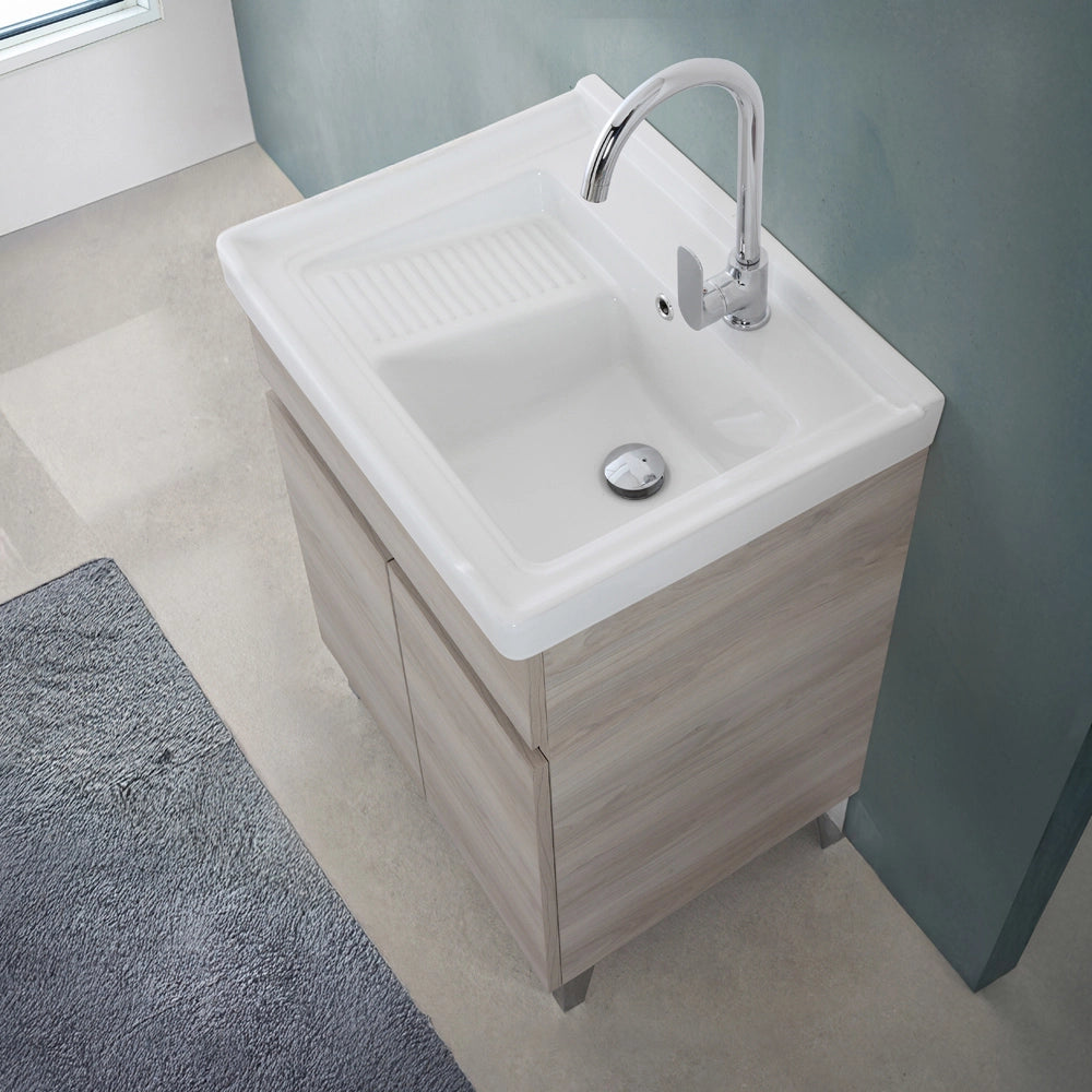 Mobile lavatoio 60x46,8 cm rovere grigio con vasca in ceramica bianca